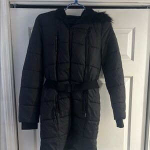 Black Quilted Women's Jacket with black fur hood